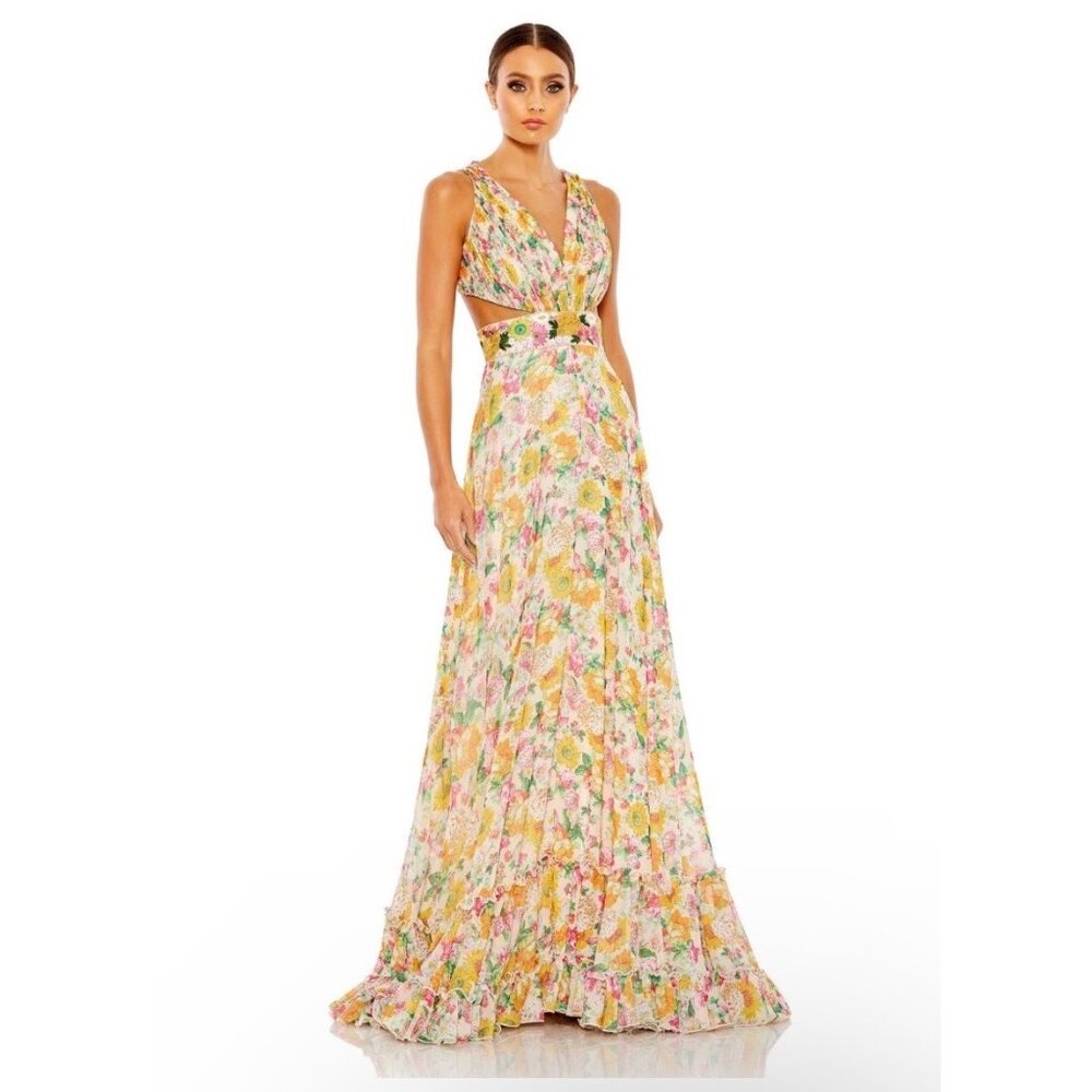 Mac Duggal Floral Cut Out Embroidered Lace Up Strappy Back Tiered Prom Gown 2
